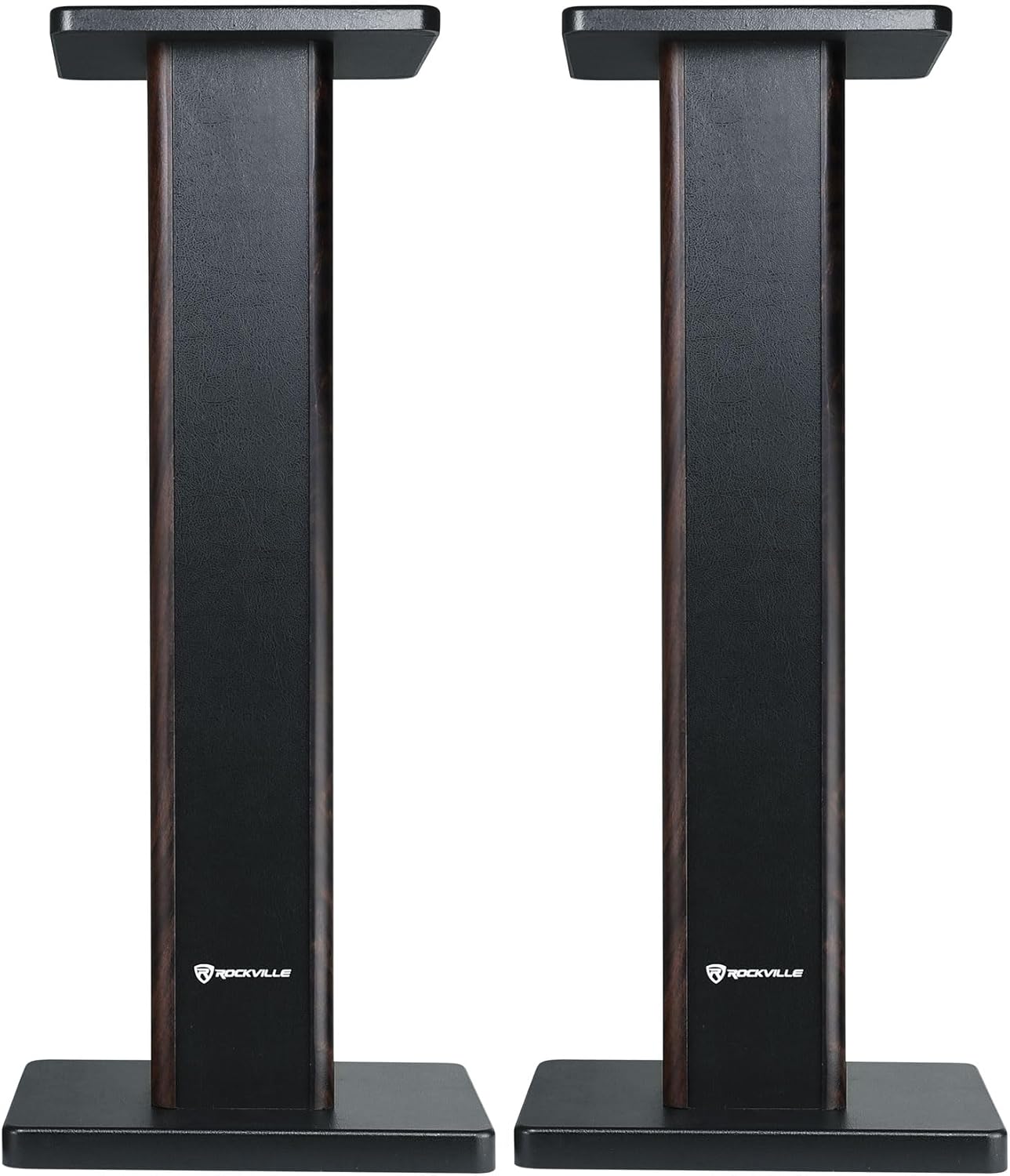 Rockville Pair RHT28D 28" Bookshelf Speaker Stands, Dark Wood Grain, 60 lbs Capacity, Sand-Fillable Design, Dual Platform Sizes, Anti-Slip Pads, for Home Theater and Studio Monitors