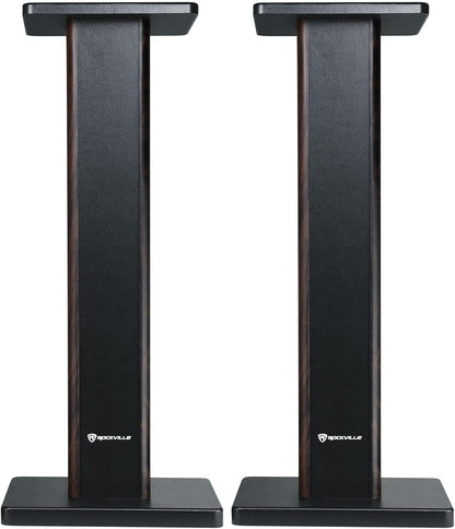 Rockville Pair RHT28D 28" Bookshelf Speaker Stands, Dark Wood Grain, 60 lbs Capacity, Sand-Fillable Design, Dual Platform Sizes, Anti-Slip Pads, for Home Theater and Studio Monitors