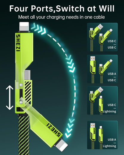 SHEZI [Upgraded 2.0] 4-in-1 USB C Cable 60W 10FT Fast Charging [480Mbps Data Sync] Flat Nylon Braided Charger Cord Combo, USB A/C to C/L Multi Charge Cable for iPhone/iPad & Most Devices, Green