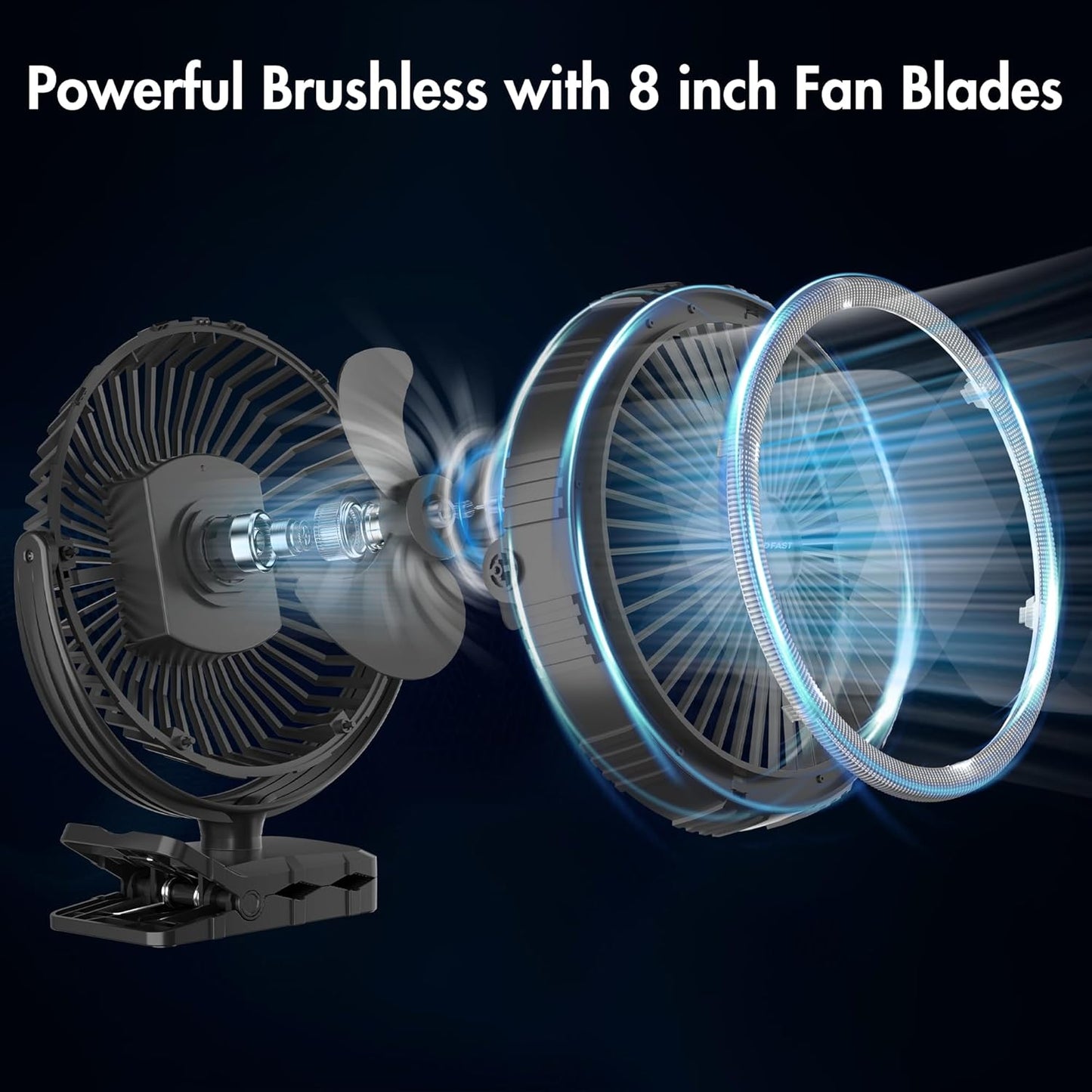 Camping Rechargeable Fan, Battery Operated with Timer, Powerful Airflow Portable Fan, Strong Clip with Light & Hook for Tent Outdoor Travel BBQ Hurricane Power Outage
