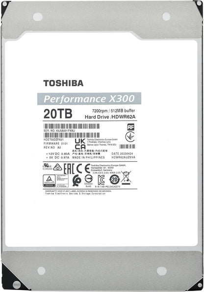 Toshiba X300 20TB Performance & Gaming 3.5-Inch Internal Hard Drive – CMR SATA 6 GB/s 7200 RPM 512 MB Cache - HDWR62AXZSTA