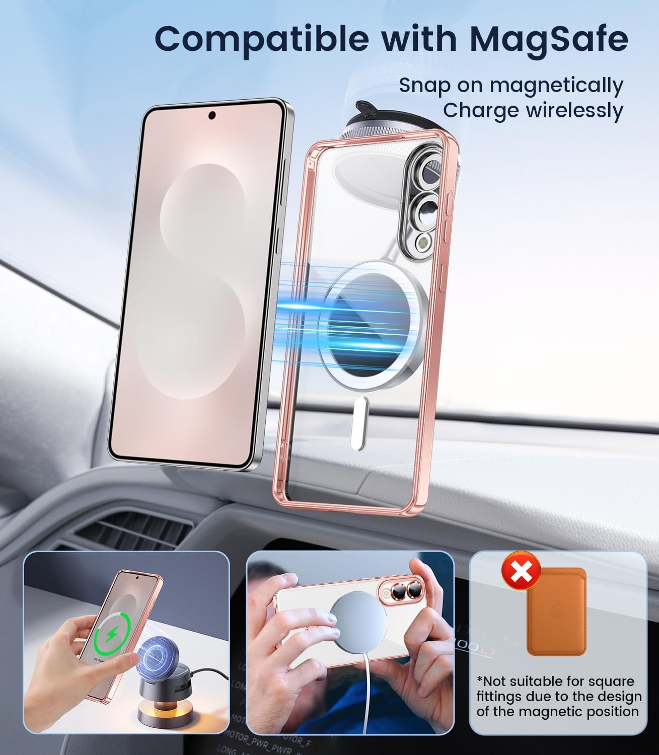 Slim Thin for Samsung Galaxy S25 Edge Case, Compatible with MagSafe, Built-in Camera Lens Protector, Shockproof Protective Phone Case, Soft Electroplated Clear Cover, Rose Gold