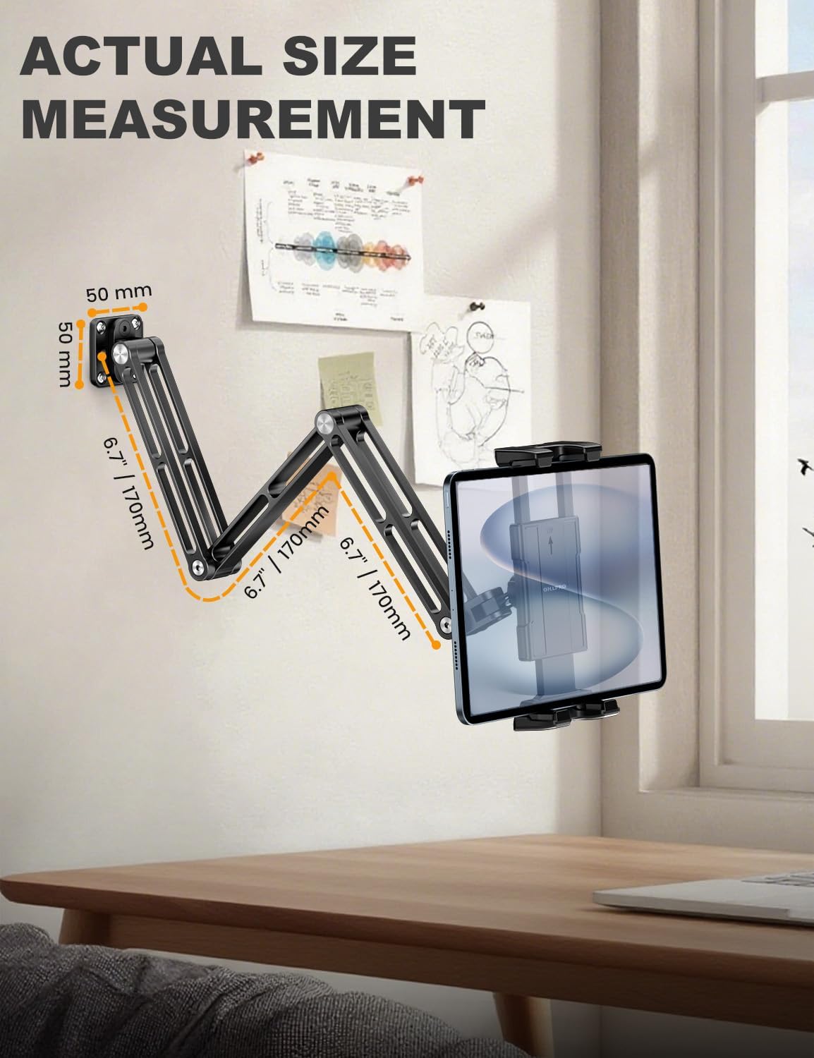 OHLPRO Aluminum Tablet Wall Mount Holder - 360° Adjustable & Extendable 3-Stage Arm for iPad Pro/Air/Mini, Galaxy Tab 5-13" | Heavy Duty Metal Stand for Kitchen, Office, Bedroom