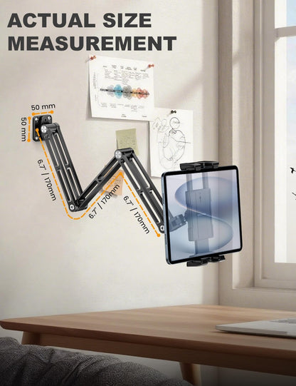OHLPRO Aluminum Tablet Wall Mount Holder - 360° Adjustable & Extendable 3-Stage Arm for iPad Pro/Air/Mini, Galaxy Tab 5-13" | Heavy Duty Metal Stand for Kitchen, Office, Bedroom