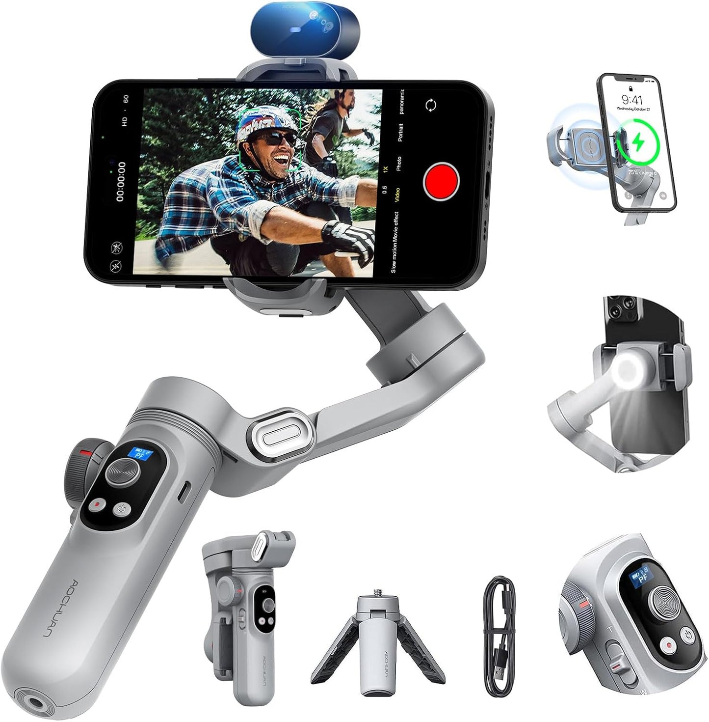 Gimbal Stabilizer for Smartphone AI Tracking(No App), 3-axis Gimbal with OLED Display/Built-in Light, Stabilizer for iPhone&Android, AOCHUAN X Pro Grey AI Version