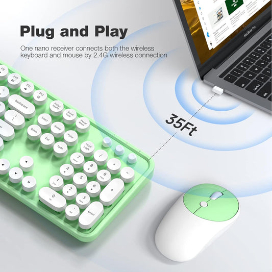 KNOWSQT Wireless Keyboard and Mouse Combo - White-Green Full-Sized 2.4 GHz 104 Keys Typewriter Cute Keyboard, Round Keycap and Optical Mouse for Windows, Computer, PC, Laptop, Desktop