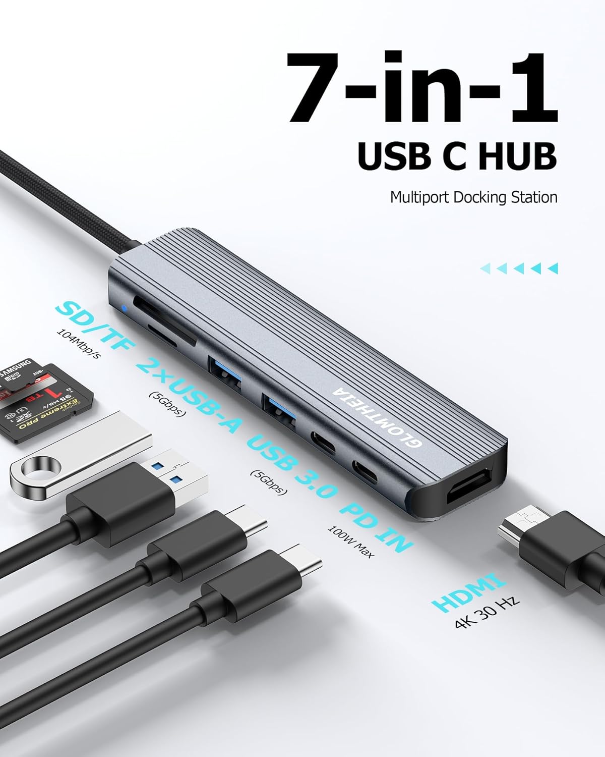 USB C Hub Multiport Adapter for Laptop MacBook Air/Pro, Multiple Ports Dongle Dock with 4K HDMI, 100W PD, 2xUSB-A 3.0, USB-C Data Port, SD/TF Card Reader