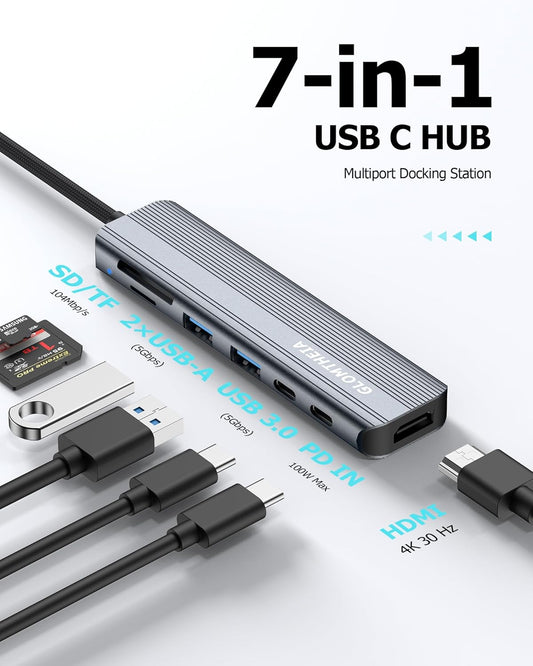 USB C Hub Multiport Adapter for Laptop MacBook Air/Pro, Multiple Ports Dongle Dock with 4K HDMI, 100W PD, 2xUSB-A 3.0, USB-C Data Port, SD/TF Card Reader