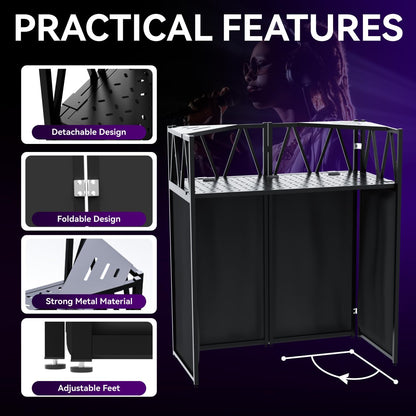 DJ Table Stand Portable booth, Foldable DJ Stand Booth, Heavy-Duty Adjustable Height DJ Facade Booth, Easy to Assemble, Stylish, Convenient to Store and Transpor