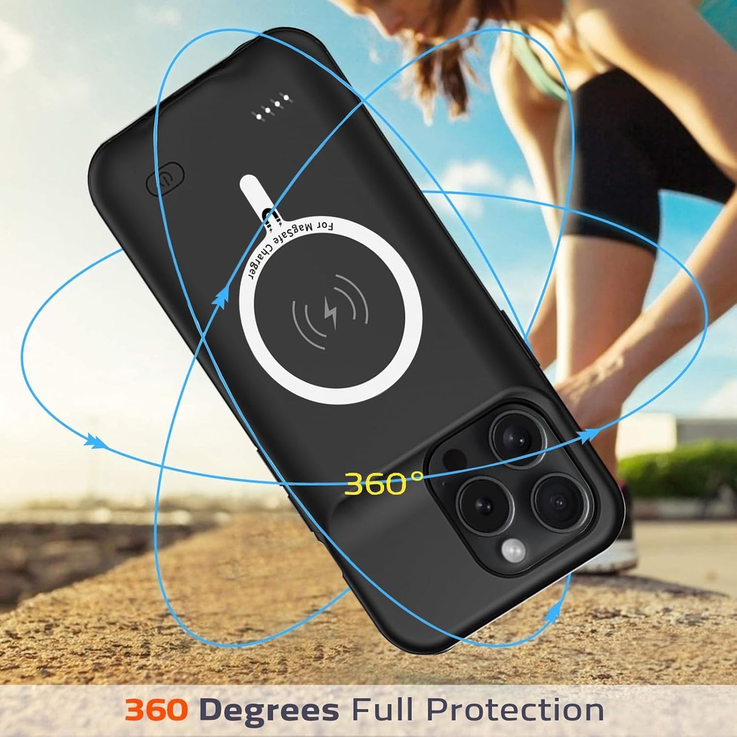 Battery Case for iPhone 15 Pro Max, Full Encircle 12000mAh Capacity Rechargeable Portable Charger Case Extended Battery Pack for iPhone 15 Pro Max(6.7 inch) Wireless Charging Case with Carplay-Black