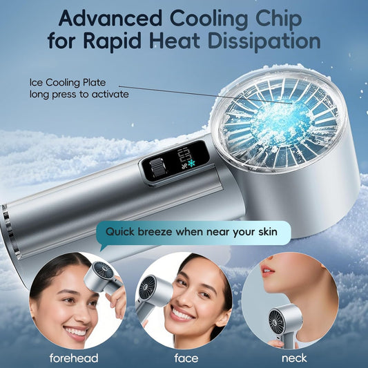 PANERGY High Speed Handheld Fan with Ice Cooler,1-100 Speed Adjustable Mini Turbo Fan, 4000mAh Battery Rechargeable & Digital Display,Gifts for Women Men Travel/Office/Beach/Camping(Blue)