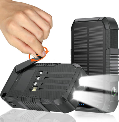 Solar Power Bank 66800mAh Built in Hand Crank and 4 Cables 22.5W Fast Charge,Camping Essentials/SOS/Strobe/Strong Flashlights,Compass Solar Portable Charger Power Bank (Black)