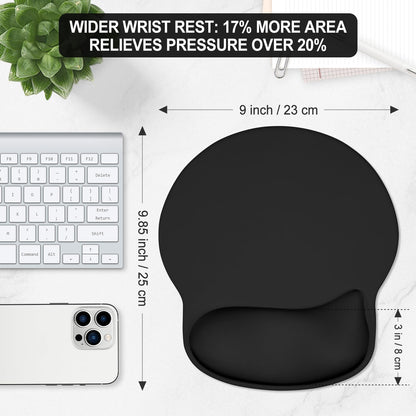 ITNRSIIET Ergonomic Mouse Pad with Wider Memory Foam Wrist Rest +17% - Curved Cushion Reduces Pressure 20%, Pain Relief, Non-Slip, Smooth, Cute Colors, 9.85 x 9 in, Black