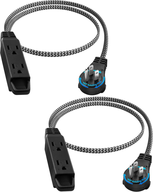 SURAIELEC 2 Pack Flat Extension Cord 3FT, 360° Rotating Plug, Braided Flat Plug with 3 Outlets, 16 AWG Thin Black Extension Cord for Indoor Use, Home, Office, Compact Spaces, ETL Listed