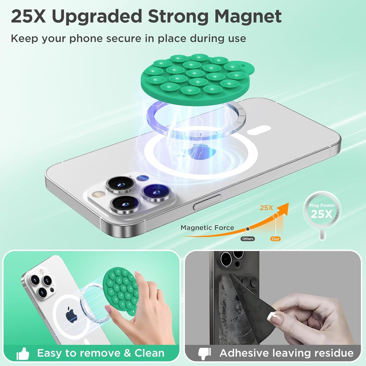 Magnetic Suction Cup Phone Mount for MagSafe Case, Silicone Hands-Free Grip Holder for iPhone and Android, Mirror Shower Phone Stand for Makeup FaceTime Gym Kitchen Bathroom, Emerald Green