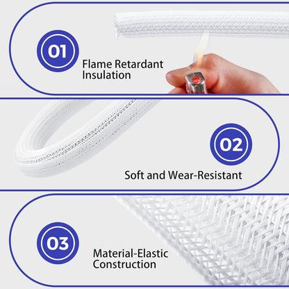 Cable Management Sleeves 1in - 2 Pack 6.6ft Split Braided Cable Sleeve White, Cord Protectors from Pets, Wire Organizers for Cords, Flexible Cord Wrap Wire Sleeve for Computer Cord Organizer