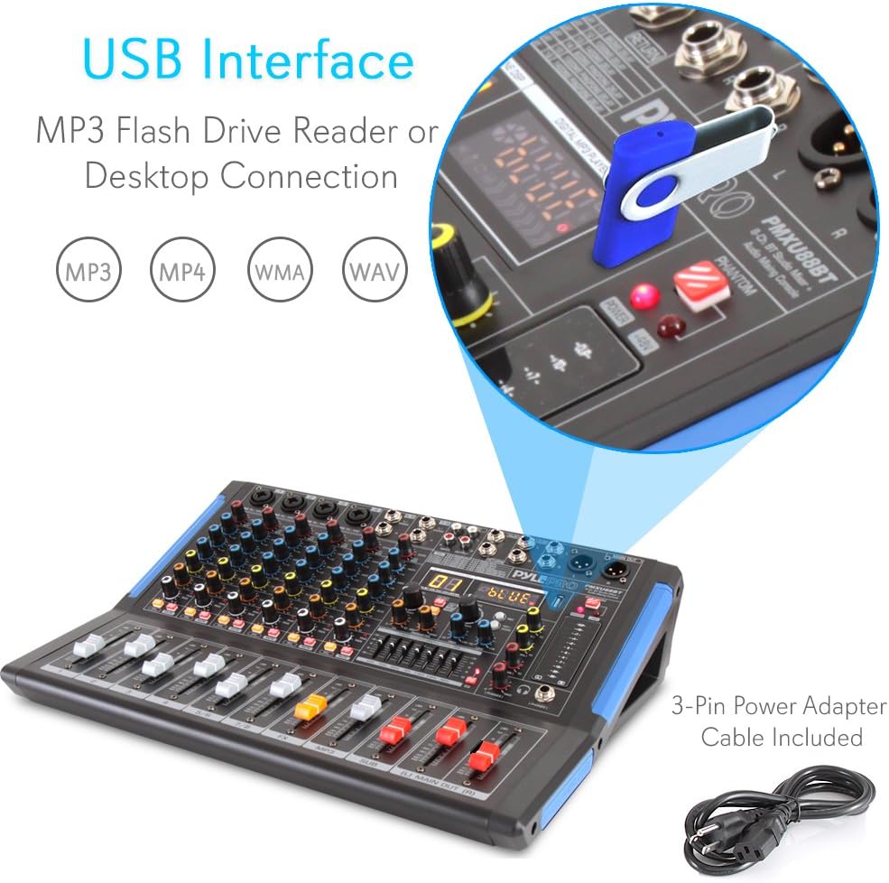 Pyle 8-Channel Bluetooth Studio Audio Mixer- DJ Sound Controller Interface w/ USB Drive for PC Recording Input, XLR Microphone Jack, 48V Power, RCA Input/Output for Professional & Beginners- PMXU88BT