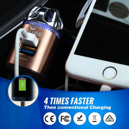 Car Air Purifier 3in1 Premium Stainless Steel Air Filter Ionizer w/Dual USB Quick Charge 3.0 USB-Eliminate Allergens Odor Smell, Smoke, Pets, Pollen Mold Bacteria w/Anti-Microbial Deodorizer (Bronze)
