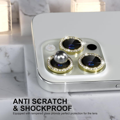 Choiche Compatible for iPhone 16 Pro/iPhone 16 Pro Max Camera Lens Protector Bling, 9H Tempered Glass Camera Cover Screen Protector Metal Ring Decoration Accessories (Diamond-Gold)