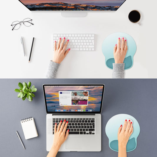 ITNRSIIET Ergonomic Mouse Pad with Wider Memory Foam Wrist Rest +17%, Curved Cushion Reduces Pressure 20%, Pain Relief, Non-Slip, Smooth, Cute Color Desk Accessory, 9.85 x 9 inch, Light Green Gradient