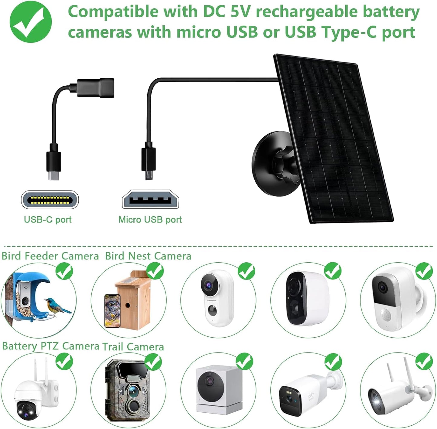 Zivif 4W Solar Panel for Security Camera, Solar Panel Charger with USB & USB-C Cable, Compatible with Rechargeable Battery Powered Cameras, 360° Adjustable Mount (2 Pack)