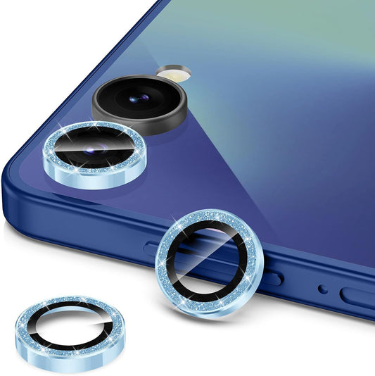 for Samsung Galaxy Z Flip 7 Camera Lens Protector, Individual Metal Ring Tempered Glass Lens Cover, [Strong Adsorption] Scratch Resistant Ultra-Thin HD Clear Lens Cover, 1 Set-Blue Sparkly