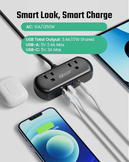 2Ft Extension Cord, SUPERDANNY Mini Surge Protector with 2 Wide-Spaced Outlets, USB Power Strip, 3 USB-A 1 USB-C, Flat Plug, Compact Size Desktop Charging Station Travel, Home, Office, Black