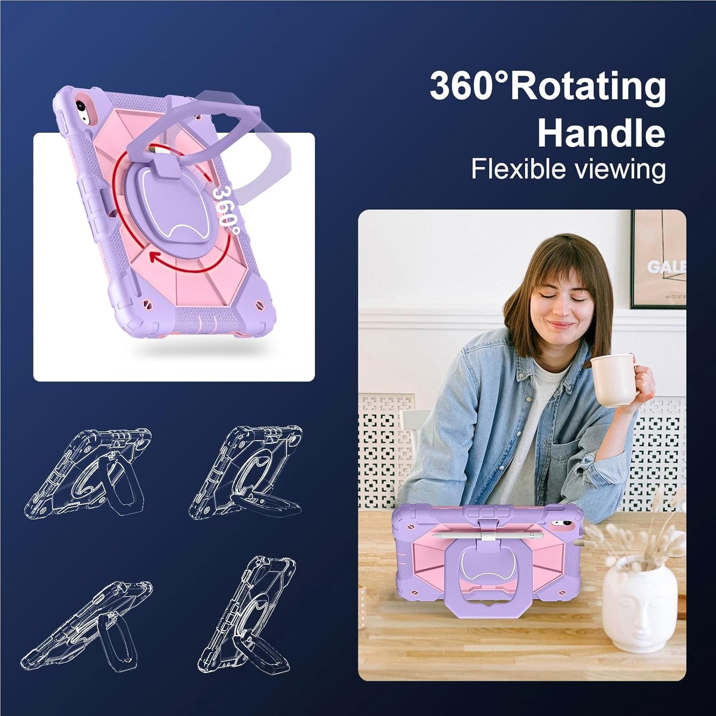 Case for iPad (A16) 11th Generation 11 Inch (2025), iPad 10th Generation Case 10.9 Inch (2022), Shockproof Cover with 360° Rotating Stand Screen Protector Pen Holder Shoulder Strap, Purple Pink