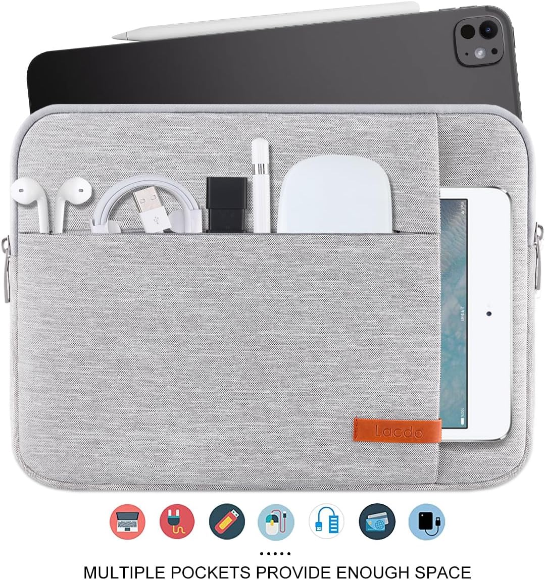Lacdo Tablet Sleeve Case for 13 inch New iPad Air M3 M2 2025-2024, 13 inch New iPad Pro M4 2024, 12.9" iPad Pro 6 5 4 3 with Magic Keyboard and Smart Keyboard Folio, Water-Resistant Tablet Bag, Gray