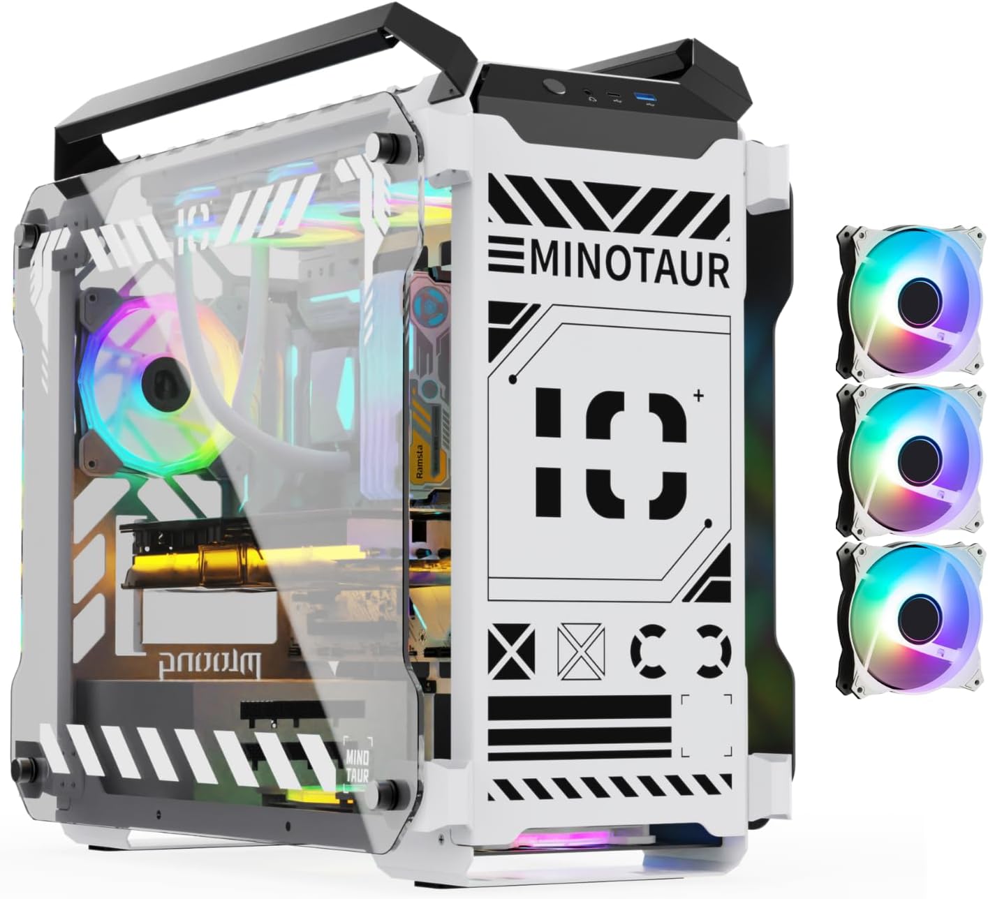 MegaPC Mino Open-Frame ATX Gaming Case – Industrial Design, Tempered Glass Panels, High Airflow, ARGB Lighting, USB-C Port (Black/White/Print Stream, with Fans Only)