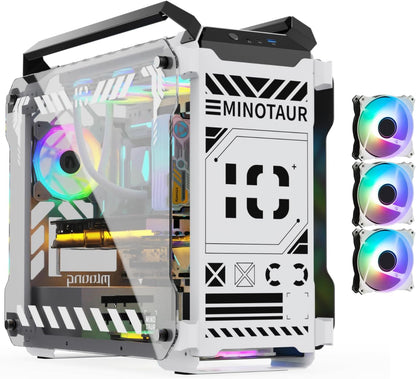 MegaPC Mino Open-Frame ATX Gaming Case – Industrial Design, Tempered Glass Panels, High Airflow, ARGB Lighting, USB-C Port (Black/White/Print Stream, with Fans Only)