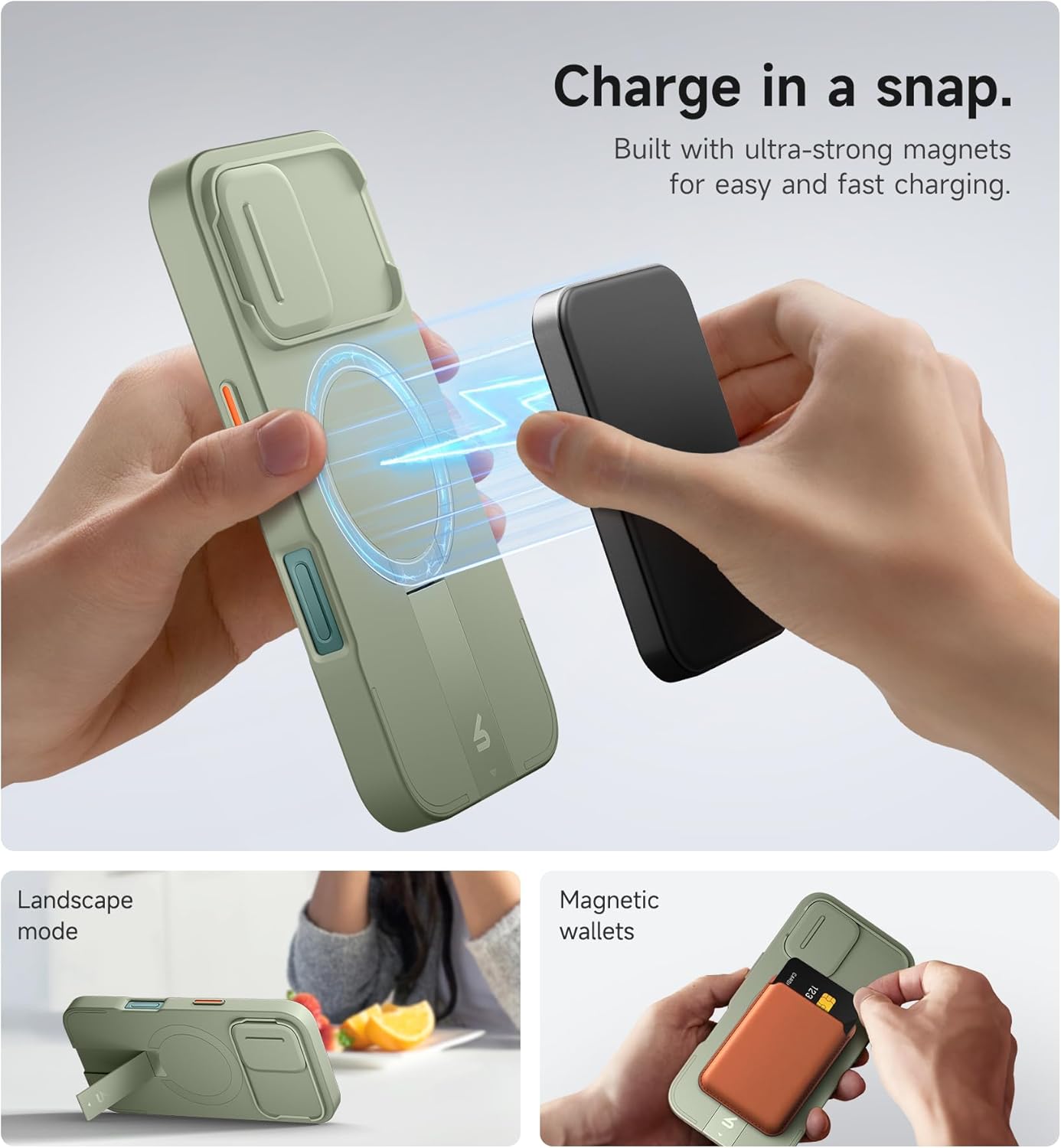 SURITCH for iPhone 16 Case with Magnetic Camera Slide Cover and Adjustable Kickstand, Compatible with MagSafe, Shockproof Bumper Case Slim Protective Cover 6.1 Inch, Green