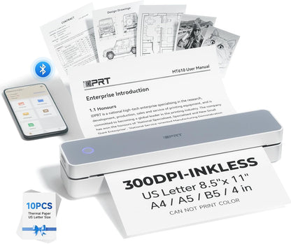 iDPRT Portable Printer Wireless for Travel, 300DPI Bluetooth Thermal Printer Support for 8.5"x11" US Letter, Inkless Compatible with iOS, Android, Laptop for Office, Car and Home, School