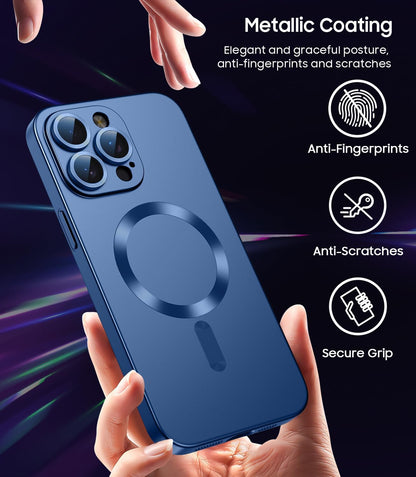 Magnetic for iPhone 14 Pro Max Case [Compatible with MagSafe][Built-in Camera Lens Protector] Slim Soft TPU Bumper Shockproof Metallic Luster Phone Case (Blue)