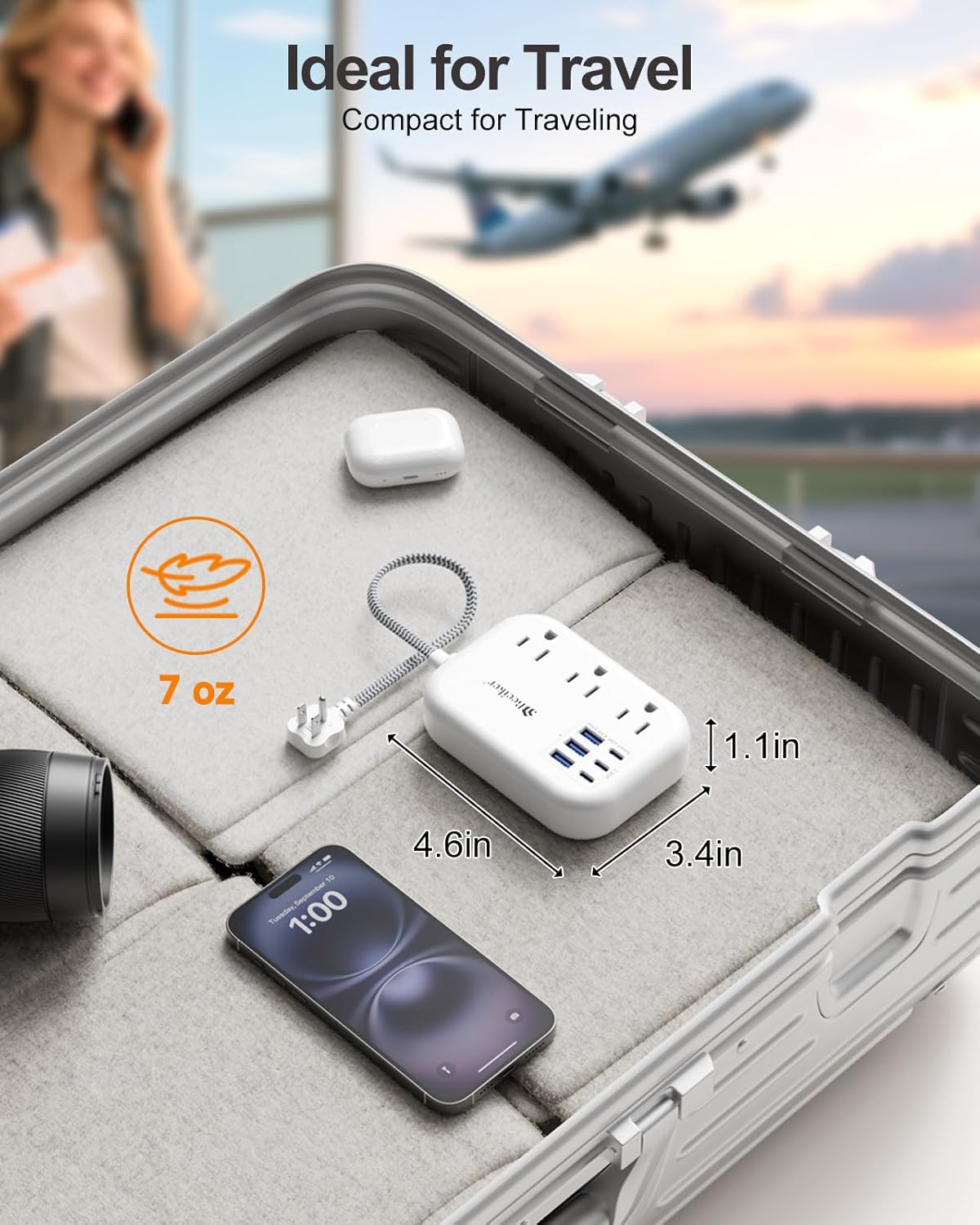 Short Extension Cord 1 Ft- 6 USB(3 USB C) Travel Power Strip with 24W USB Charging Station and 3 Outlets, 1Ft Small Flat Plug Extension Cord Surge Protector for Travel Home College Dorm 1625W