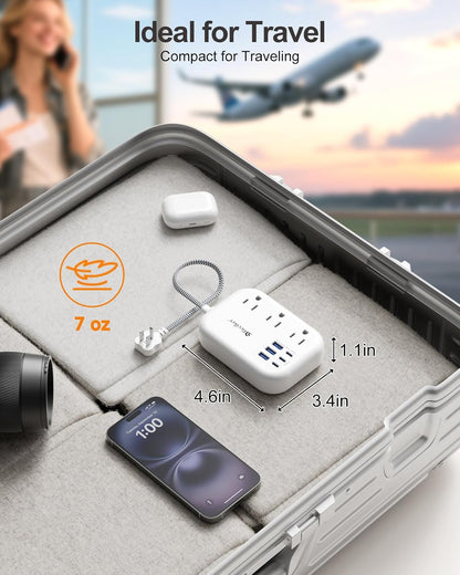 Short Extension Cord 1 Ft- 6 USB(3 USB C) Travel Power Strip with 24W USB Charging Station and 3 Outlets, 1Ft Small Flat Plug Extension Cord Surge Protector for Travel Home College Dorm 1625W
