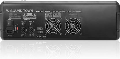Sound Town 14-Channel 2x800W Powered Mixer w/ 2 Bus, DSP effects, USB, MP3, Dual 7-band EQ, Phantom Power (TRITON-142PW)