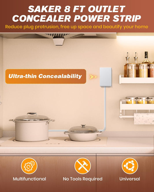 Saker Outlet Concealer Power Strip, 8FT Surge Protector Flat Extension Cord with 3 Outlets and 3 USB Ports, Outlet Cover Baby Proofing for Kitchen, Home and Office (8FT)