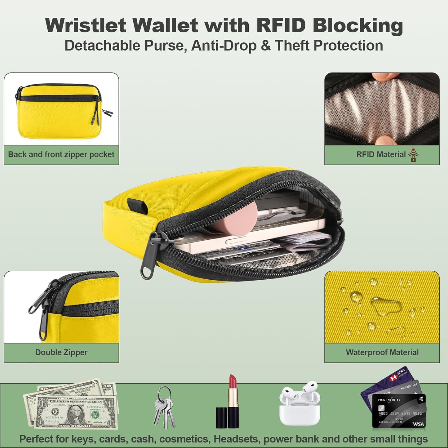 Clip and Go Strap for Phone with Wallet Crossbody, Adjustable Phone Lanyard with Detachable RFID Wristlet Wallet & Ultra-Thin 360° Rotatable Metal Tabs for All Smartphones (Yellow)