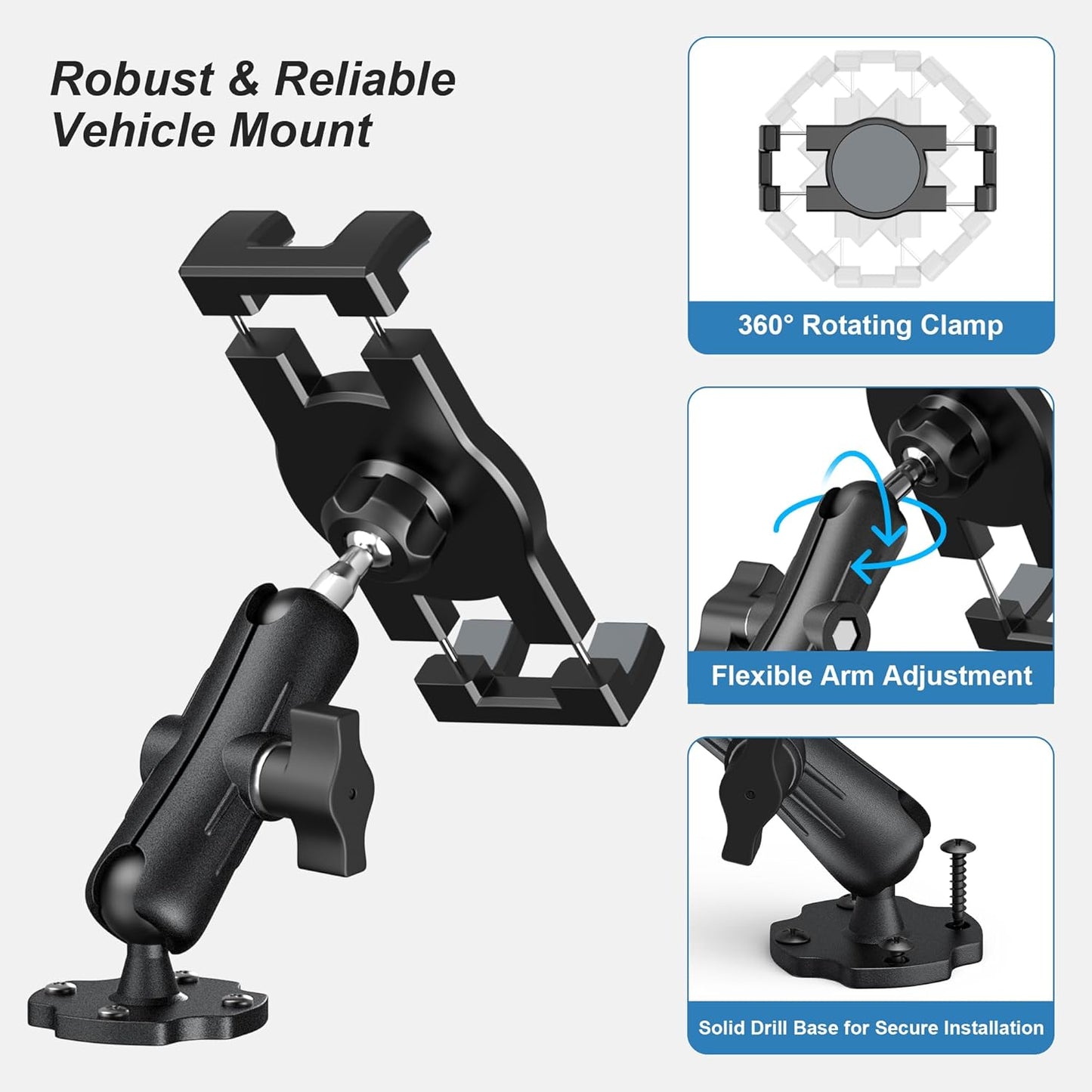 Heavy Duty Tablet Mount for Truck & Vehicle, Drill Base Tablet Holder for Truck with Aluminum Arm, Compatible with 4.7"-12.9" Tablets/iPad/Phones, iPad Truck Mount for Dashboard, Walls, Boat
