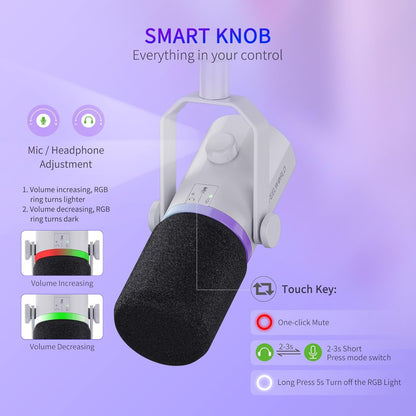 FEELWORLD PM1 XLR USB Dynamic Microphone Gifts for Podcast Recording PC Computer Gaming Live Streaming Vocal Voice-Over, Studio Metal Mic with RGB Light, Mute Button, Headphones Jack (White)