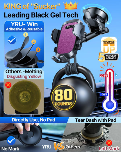 [2025 Upgrade Extreme Strong Suction] YRU Car Phone Holder Mount,[Bumpy Road Stable]Dashboard Cell Phone Holder for Car Vent Windshield Phone Stand for iPhone 16 15 14 13 Pro Max Samsung Truck, Purple