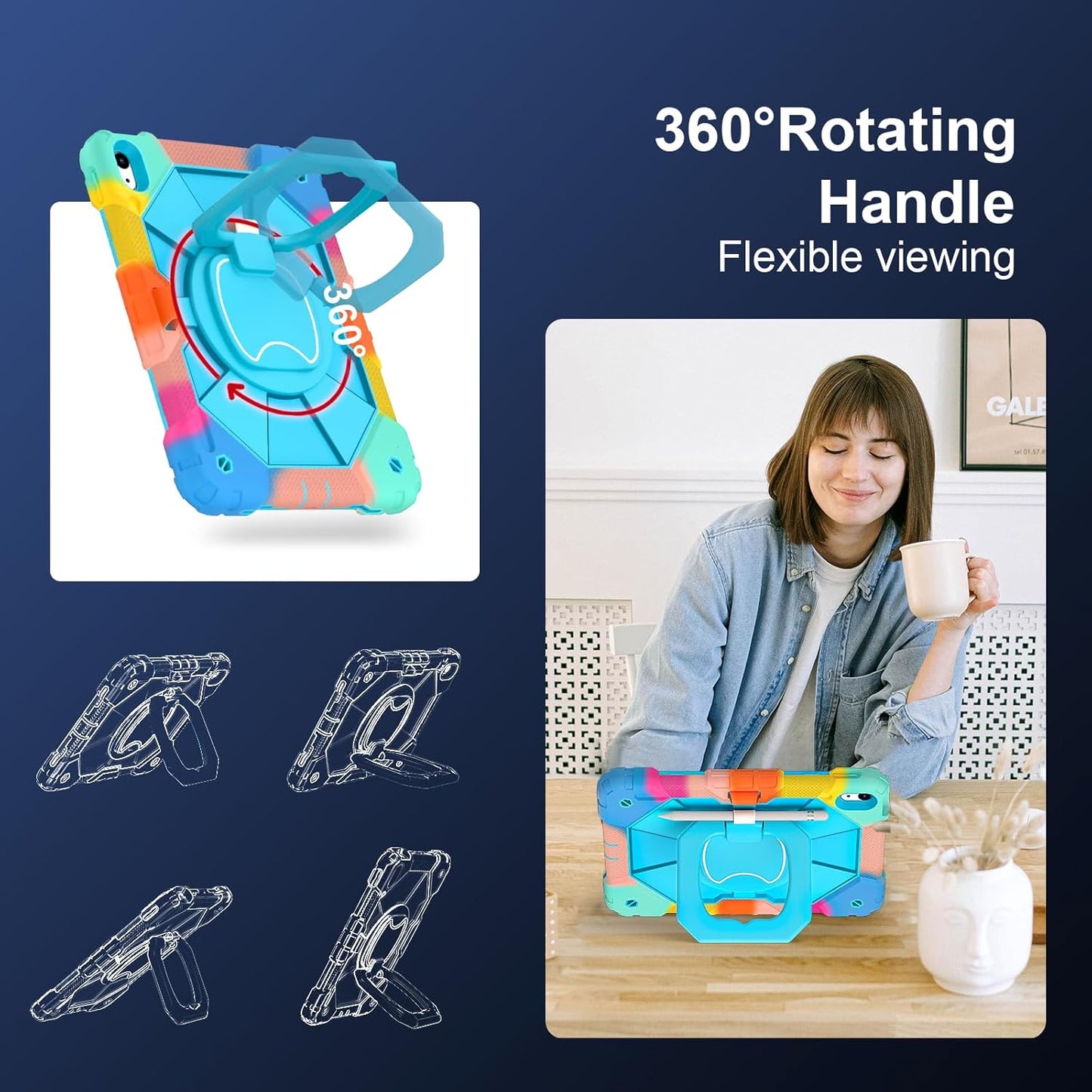 Case for iPad (A16) 11th Generation 11 Inch (2025), iPad 10th Generation Case 10.9 Inch (2022), Shockproof Cover with 360° Rotating Stand Screen Protector Pen Holder Shoulder Strap,RainbowBlue