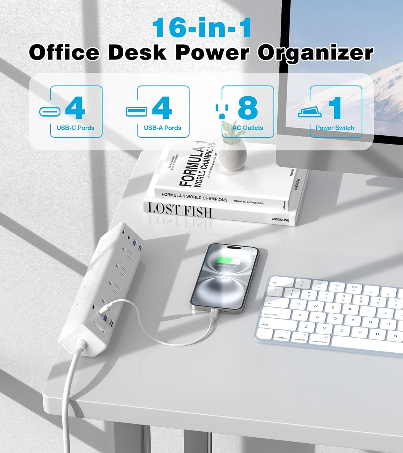 40W Fast Charging Station,Desk Clamp Power Strip,4 USB-C Ports & 8 AC Outlets,Desktop Edge Mount Surge Protector Power Strip,14AWG Heavy Duty Cord,Fit 1.9" Tabletop Edge for Home Office(6Ft Cable)