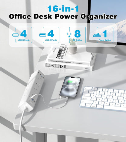 40W Fast Charging Station,Desk Clamp Power Strip,4 USB-C Ports & 8 AC Outlets,Desktop Edge Mount Surge Protector Power Strip,14AWG Heavy Duty Cord,Fit 1.9" Tabletop Edge for Home Office(10Ft Cable)