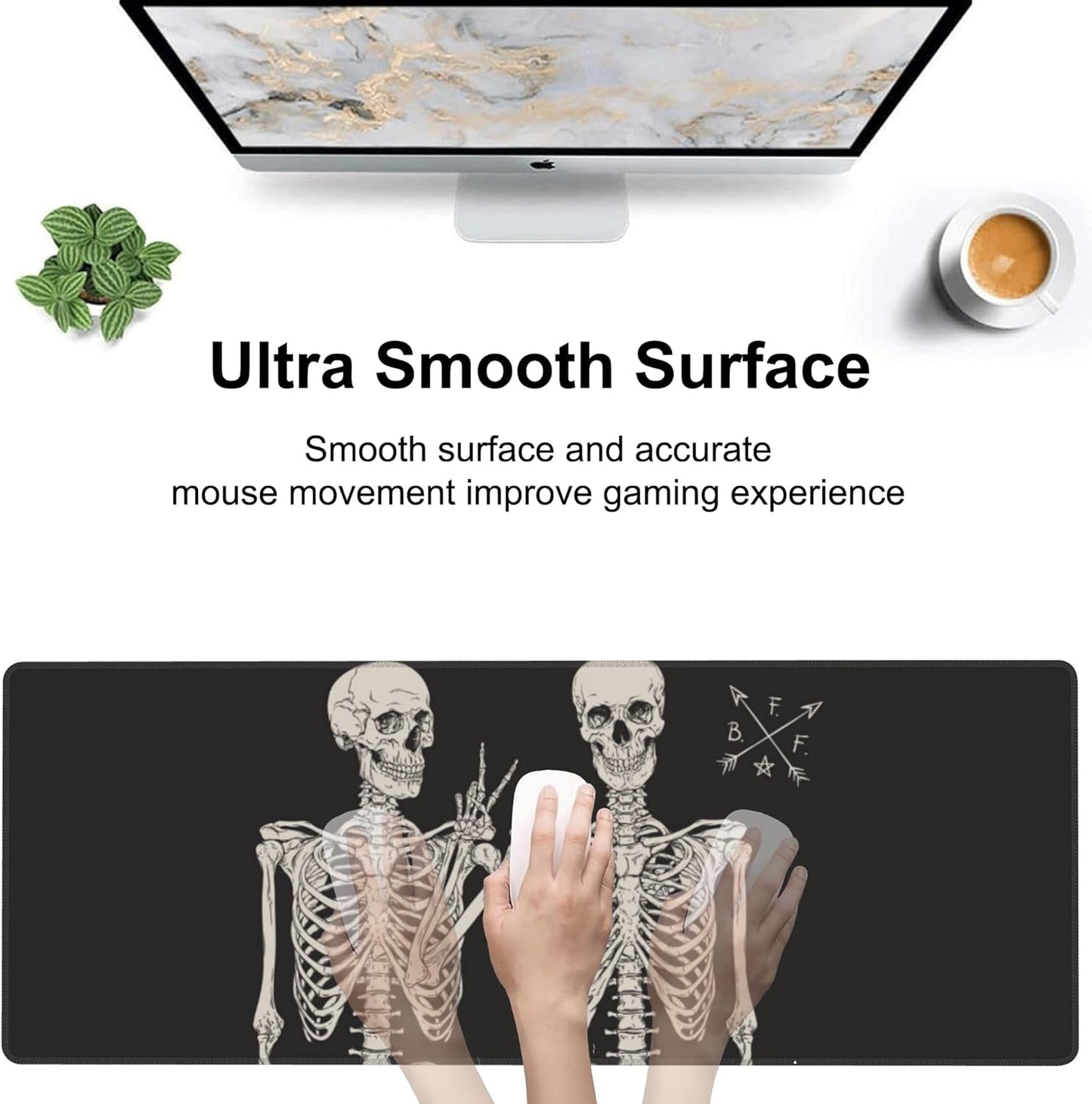 Human Skeletons Best Friends Desk Mat,Large Gothic Human Skeleton Gaming Keyboard Mouse Pad,Non-Slip Rubber Base Desk Pad Thick Stitched Edges Waterproof Mousepad Mouse Mat 31.5"x11.8"