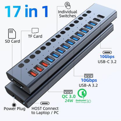 Powered USB Hub 10Gbps, 17 Ports 96W USB 3.2 Hub(10 USB-A 3.2 Ports+3 QC 24W Fast Charging Ports+2 USB-C 3.2 Ports+SD/TF Card Reader), 12V/8A Power Adapter for Laptop, PC, Computer, HDD,Flash Drive