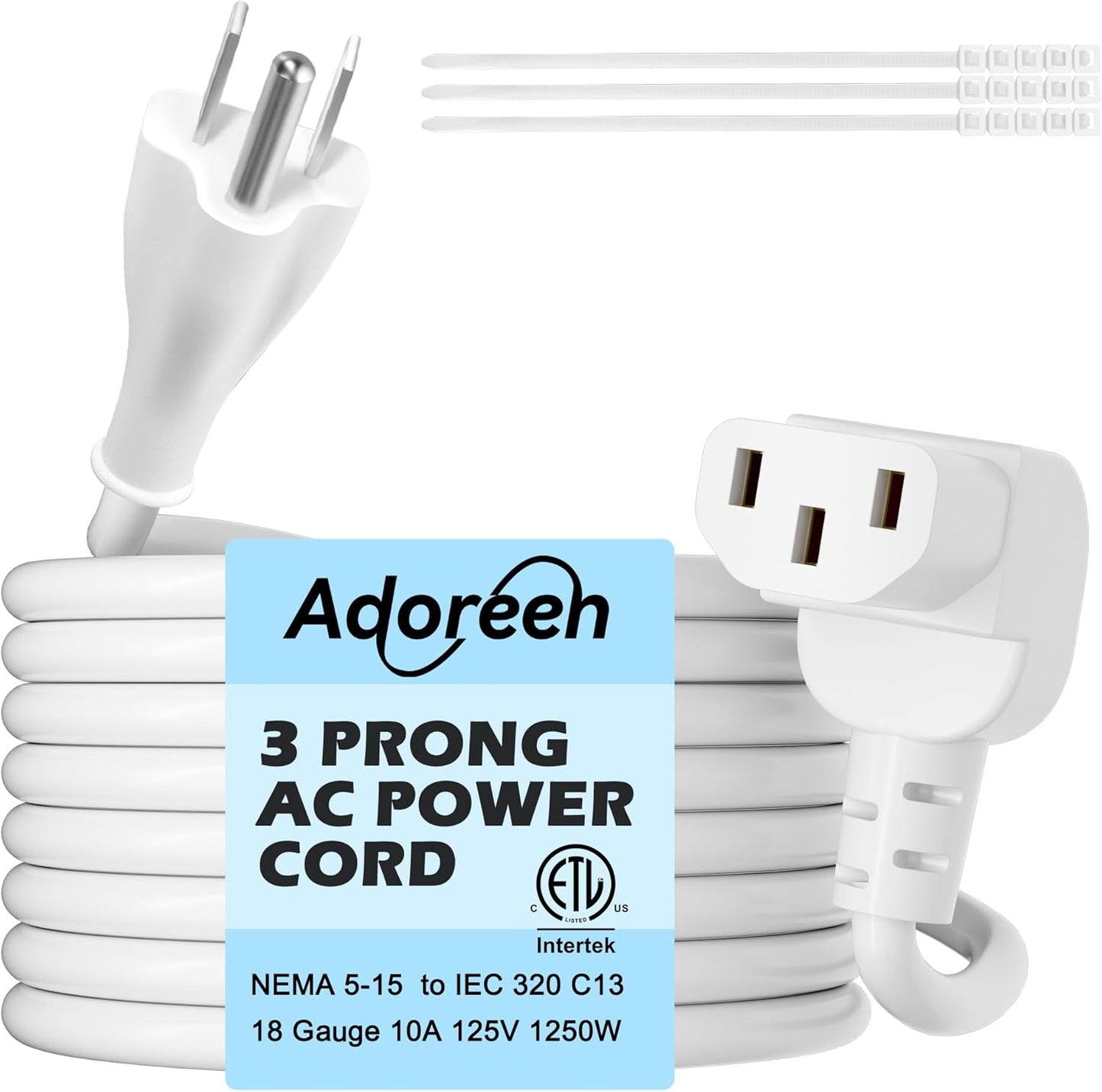 Adoreen 2 Ft Computer TV Replacement Power Cord White, 90 Degree Angled L-Shaped 18AWG 3-Prong AC Universal Power Supply Cable NEMA 5-15P to IEC 320 C13 for Printer, PC, Monitor TV LCD, ETL+Ties