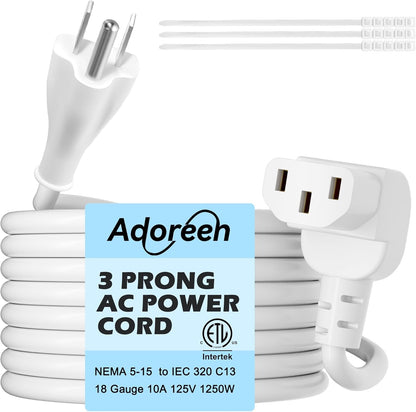 Adoreen 10 Ft Computer TV Replacement Power Cord White, 90 Degree Angled L-Shaped 18AWG 3-Prong AC Universal Power Supply Cable NEMA 5-15P to IEC 320 C13 for Printer, PC, Monitor TV LCD, ETL+Ties