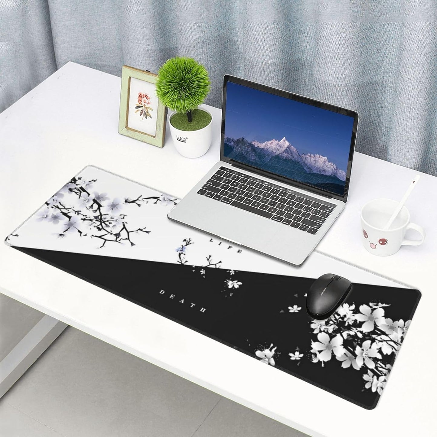 Japanese Life Death Keyboard Mat, Black White Japanese Anime Gaming Mouse Pad for Desk with Anti-Slip Rubber Base and Stitched Edges, Japanese Sakura Pagoda Sun Mouse Pad